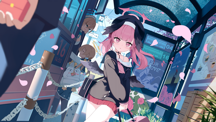4K Pink-haired girl with wings at bus stop