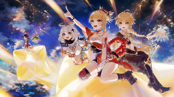 Genshin Impact: Yoimiya, Paimon, and Aether with Fireworks