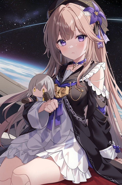 Herta from Honkai: Star Rail in space with a doll