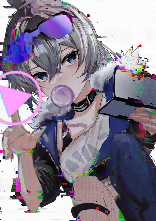 Silver Wolf blowing bubble gum with glitch effects