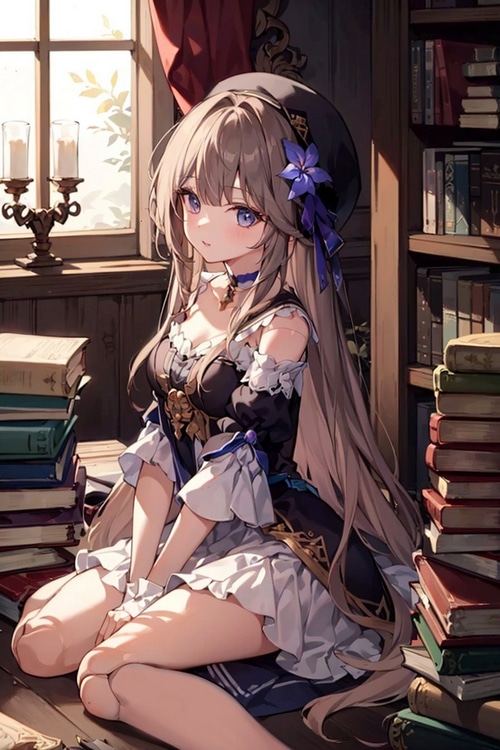 Herta from Honkai: Star Rail with books and candles
