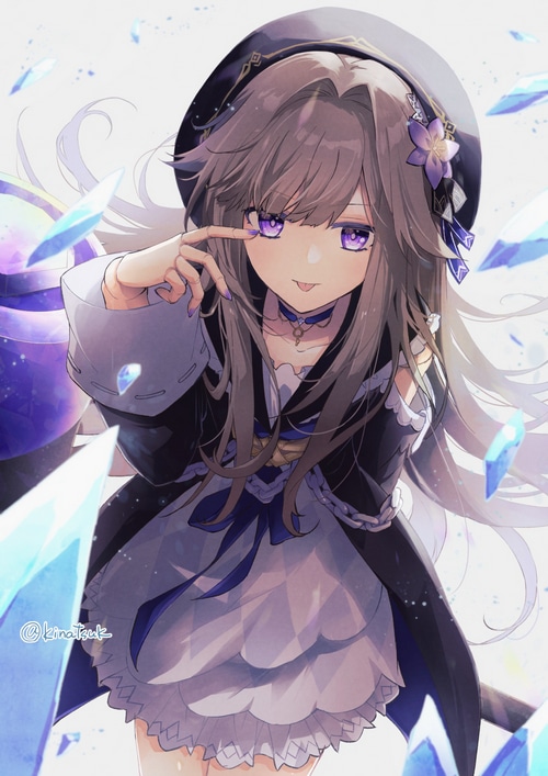 Herta from Honkai: Star Rail with purple eyes and tongue out