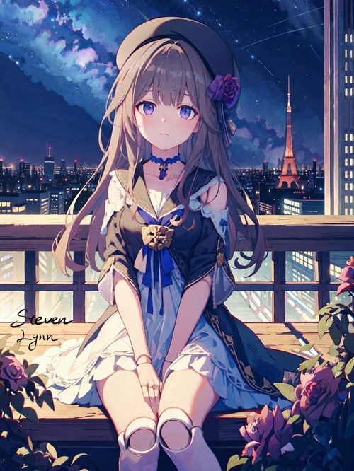 Herta from Honkai: Star Rail on a balcony at night