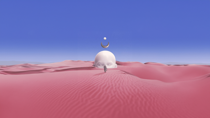Giant head in desert with crescent moon and person
