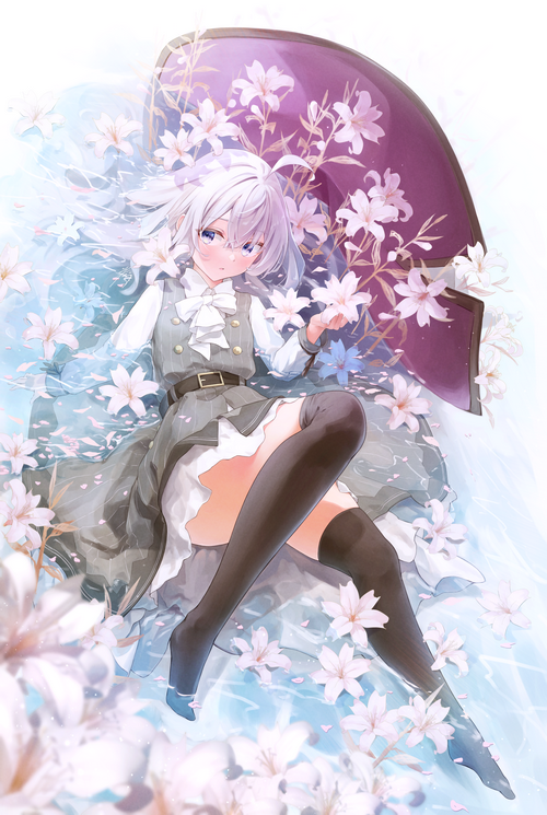 Girl with white hair and blue eyes lying among flowers
