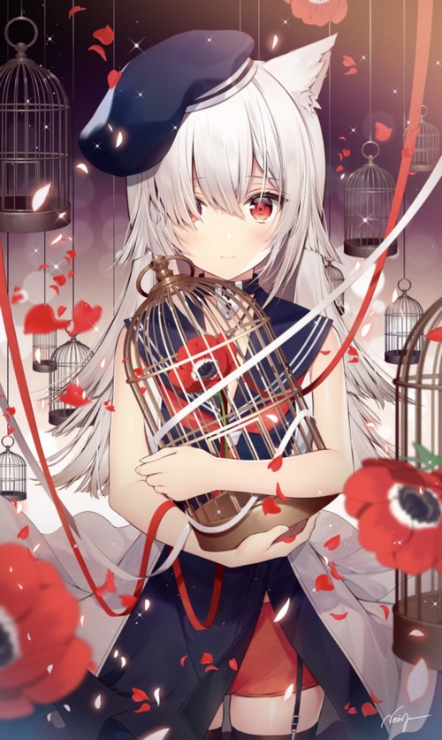 Anime girl with white hair and red eyes holding a cage