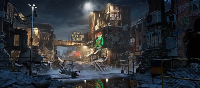 4K ruined city street at night with snow