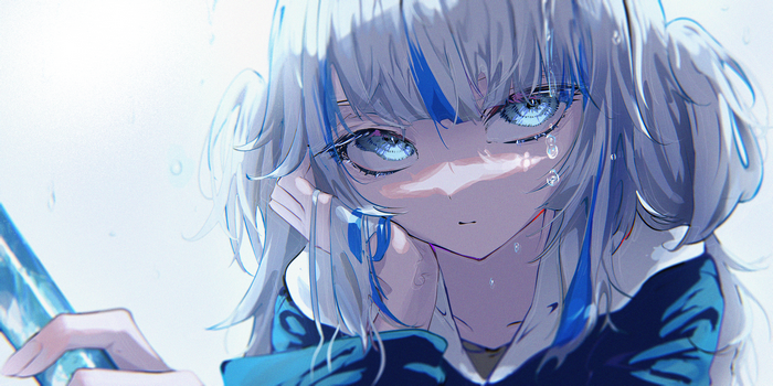 Gawr Gura with blue eyes and white hair