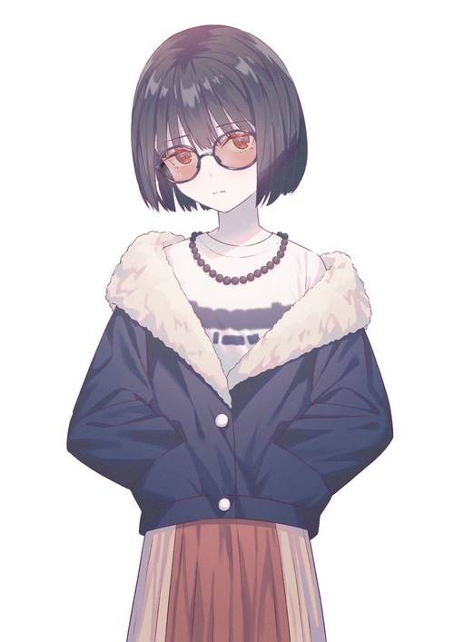 Girl with short black hair wearing sunglasses and a jacket