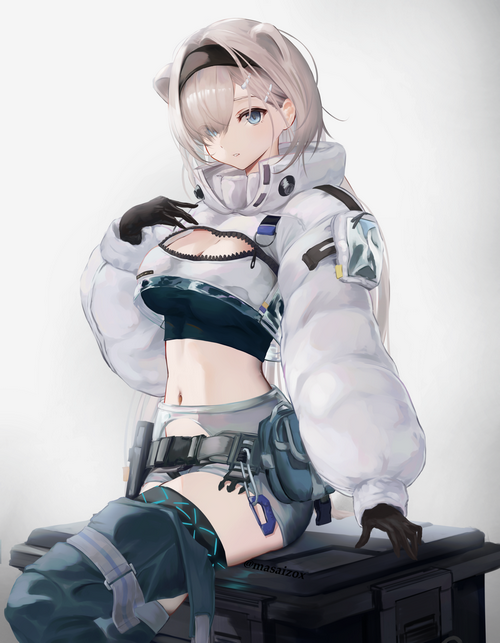 Aurora in a white jacket and shorts