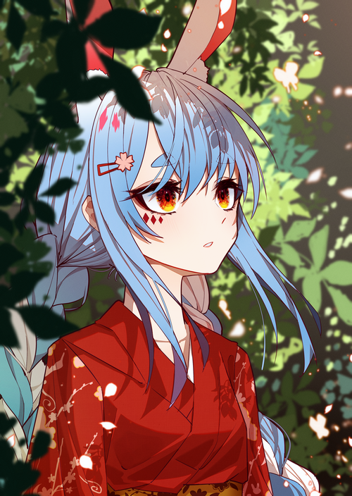 Usada Pekora in a red kimono with bunny ears