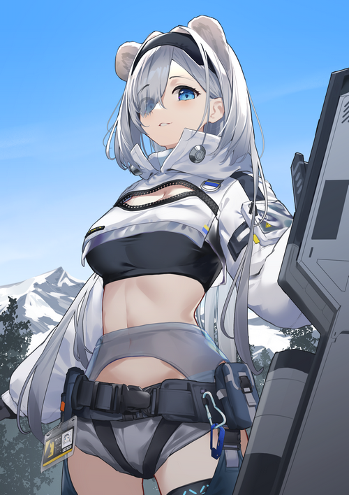 Arknights character with white hair and blue eyes