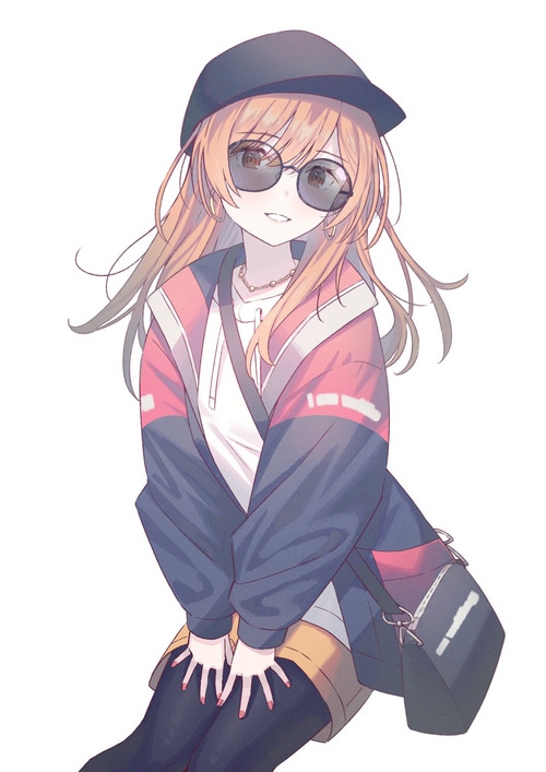 Anime girl with sunglasses, hat, and purse