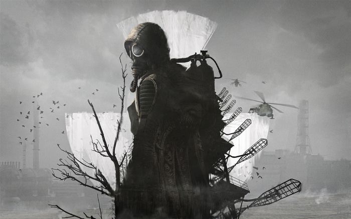 S.T.A.L.K.E.R. 2: Monochrome scene with gas mask and helicopters