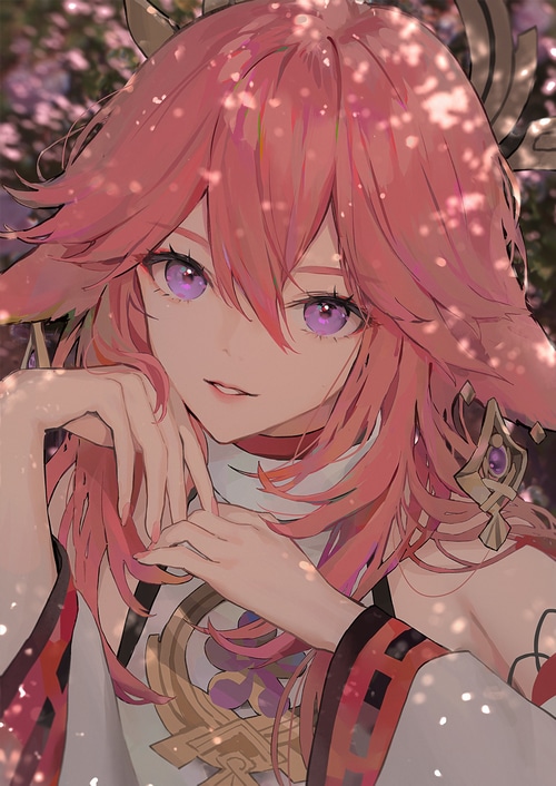 Yae Miko from Genshin Impact with pink hair and purple eyes