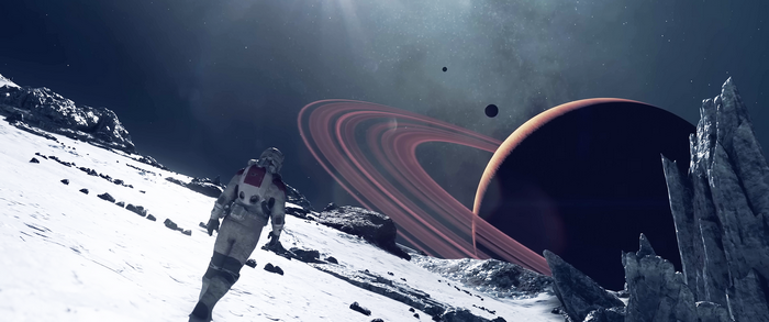 Astronaut on a snowy planet with a ringed planet in the background