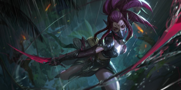 Akali with twin blades in the rain