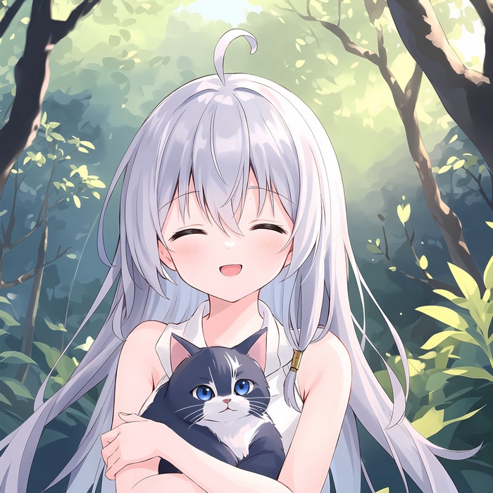 Elaina holding a cat in a forest
