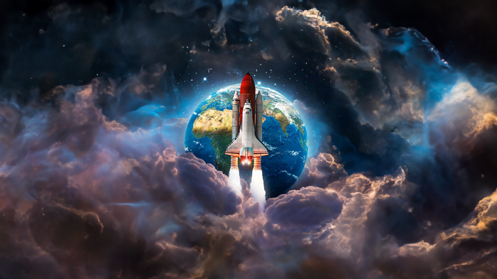 Space shuttle launching from Earth into a nebula