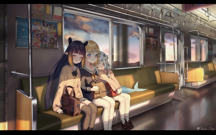 Hololive EN girls on a train at sunset