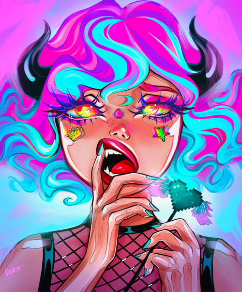 Woman with horns and colorful hair holding a pixelated heart