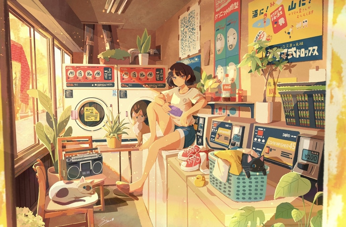 Girl in Laundry Room with Cats and Washing Machines