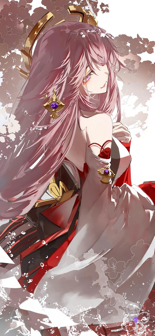 Yae Miko from Genshin Impact with pink hair and purple eyes