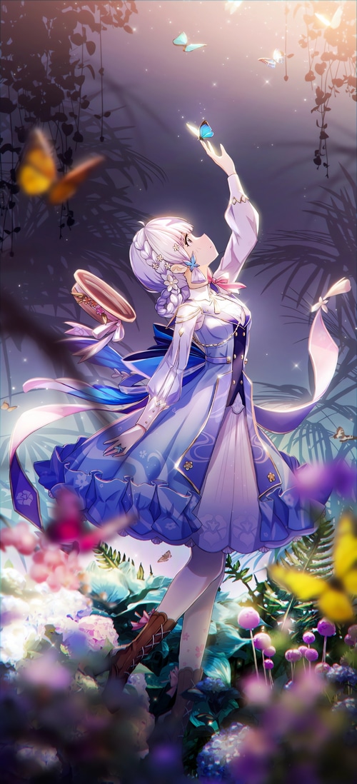 Kamisato Ayaka with Butterflies in a Garden