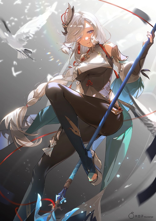 Shenhe with a polearm and cranes in Genshin Impact