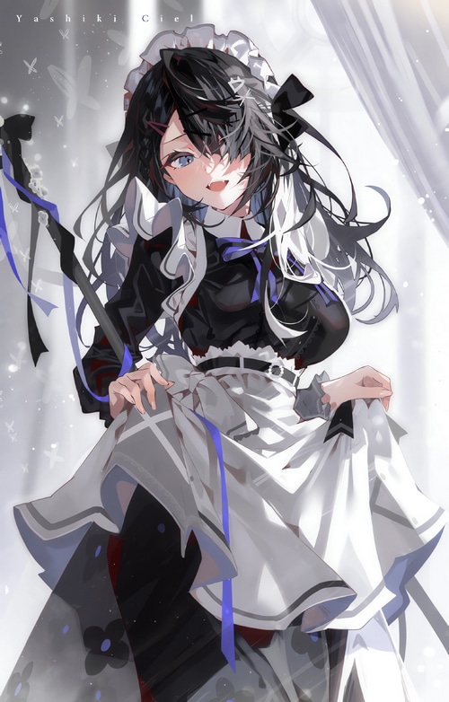 Anime maid with black and white hair and blue eyes