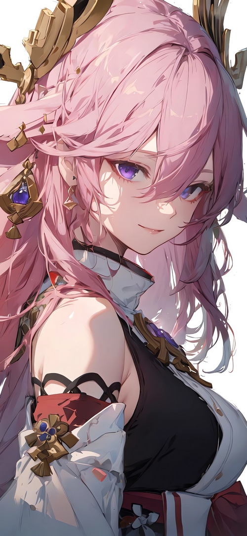 Yae Miko from Genshin Impact with pink hair and purple eyes