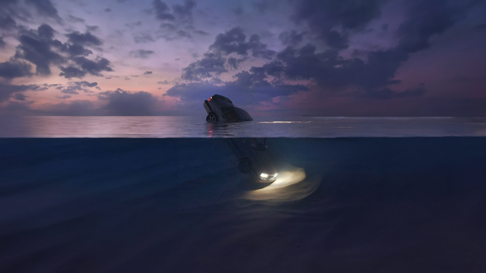 Car submerged in water at sunset with underwater view