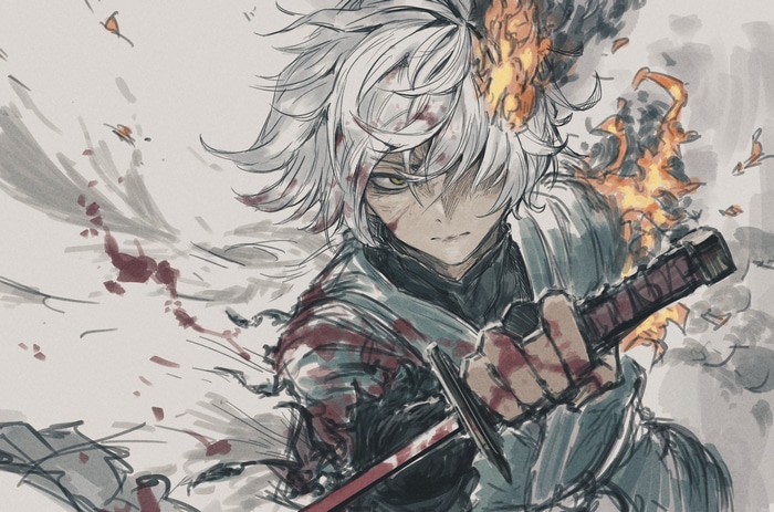 Gabimaru from Jigokuraku with white hair and sword