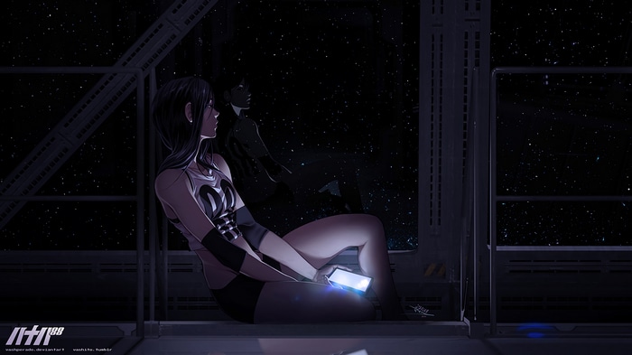 Woman in futuristic spaceship looking at stars