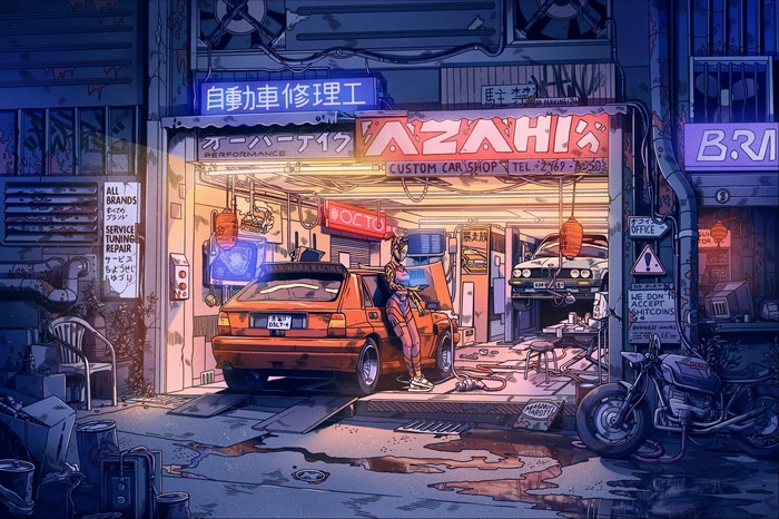 Cyberpunk Garage with Orange Car and Motorcycle