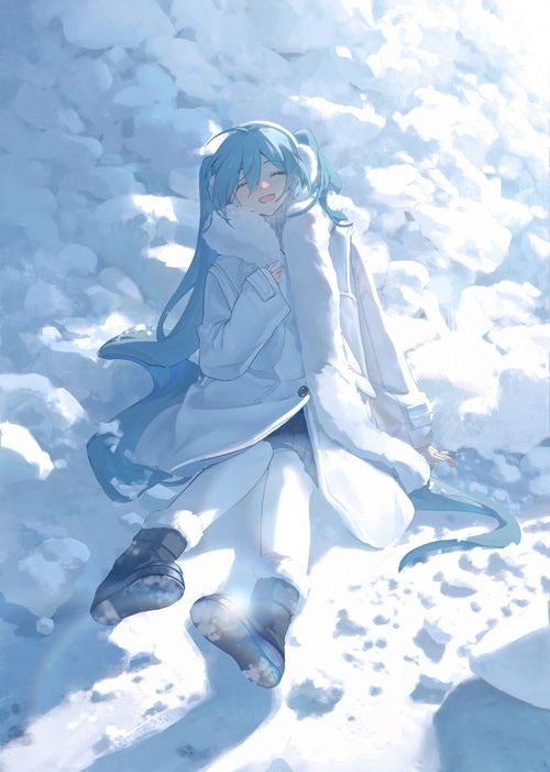 Hatsune Miku in a white coat sitting in the snow