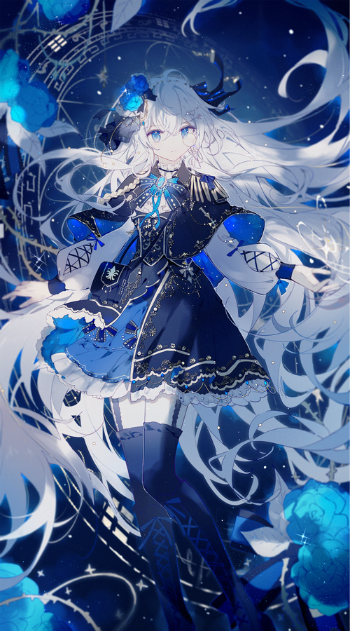 Girl with long white hair and blue dress with roses