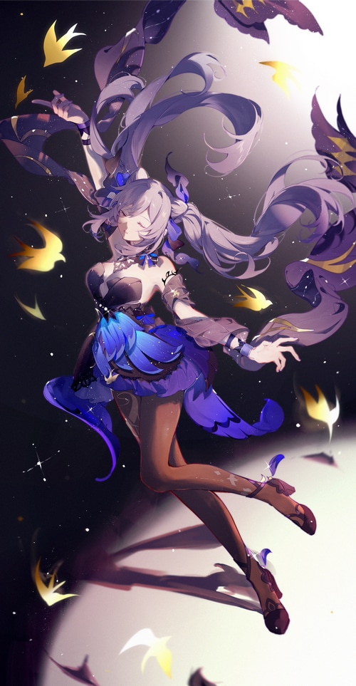 Keqing from Genshin Impact dancing among stars and petals