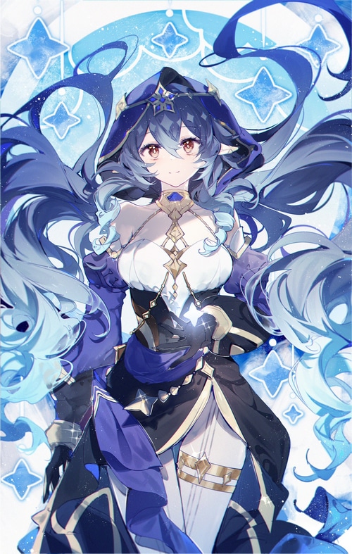 Layla from Genshin Impact with blue hair and stars