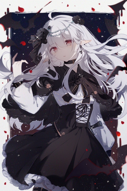 Gothic anime girl with white hair and bats