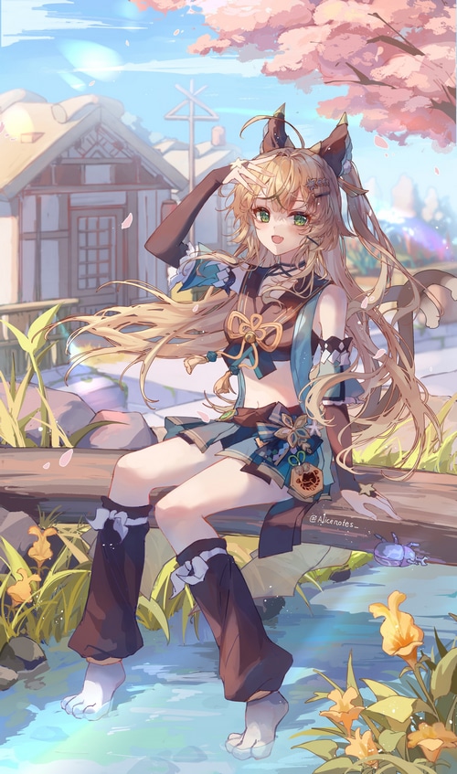 Kirara from Genshin Impact sitting by the water