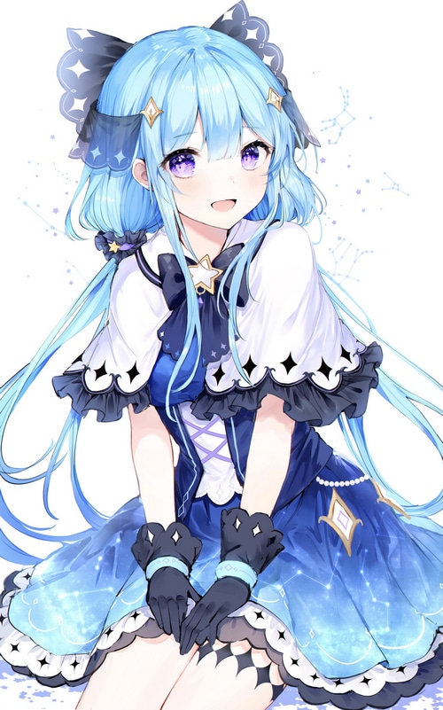 Anime girl with blue hair and purple eyes