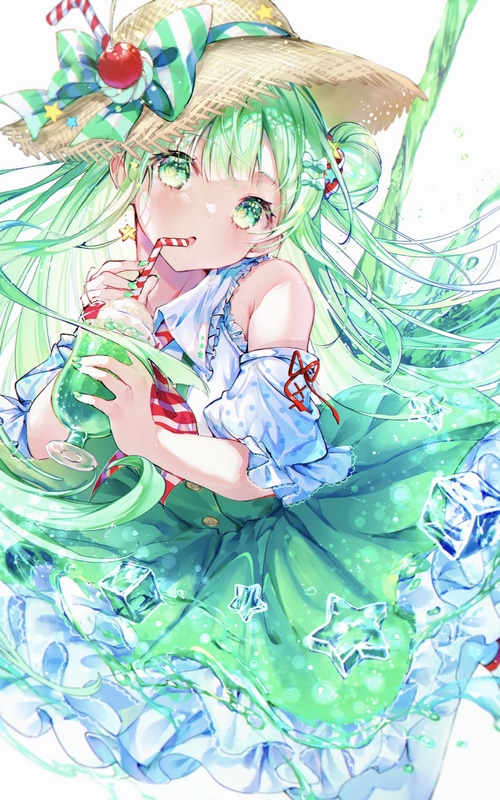 Anime girl with green hair drinking a green beverage