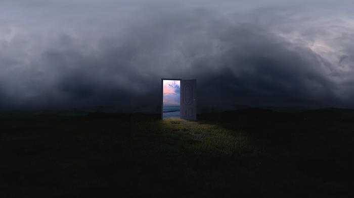 Doorway to a bright seascape under stormy clouds