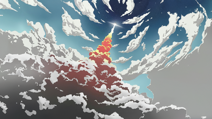 Artwork of a spaceship launching through clouds