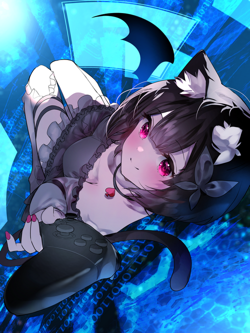 Cat girl with red eyes holding a video game controller