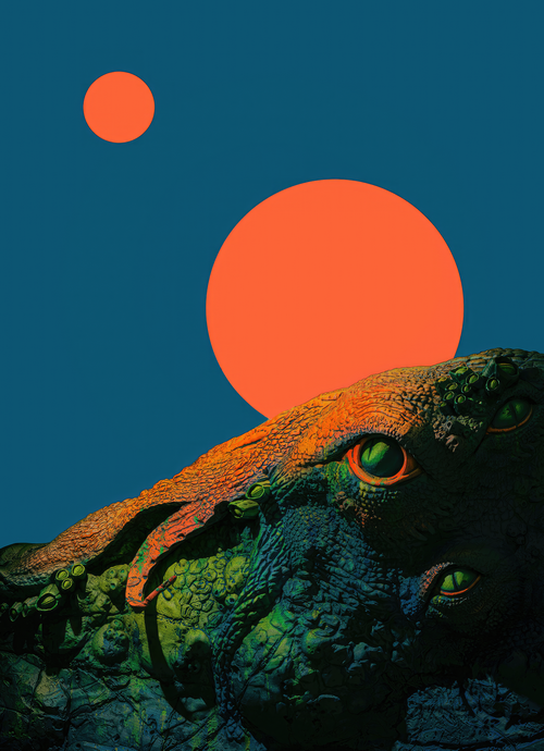 Alien creature with multiple eyes under two orange suns