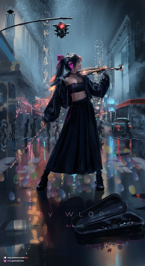 Woman playing violin in a rainy city at night by WLOP