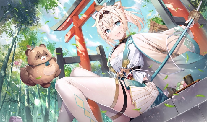 Kazama Iroha with Tanuki near Torii Gate