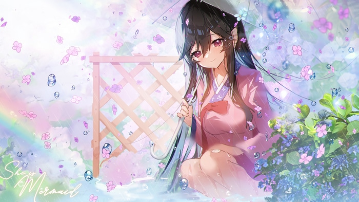 Anime girl with umbrella in the rain with flowers